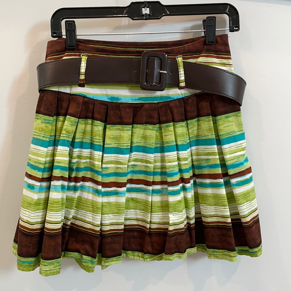 Medium pleated striped blue green brown skirt